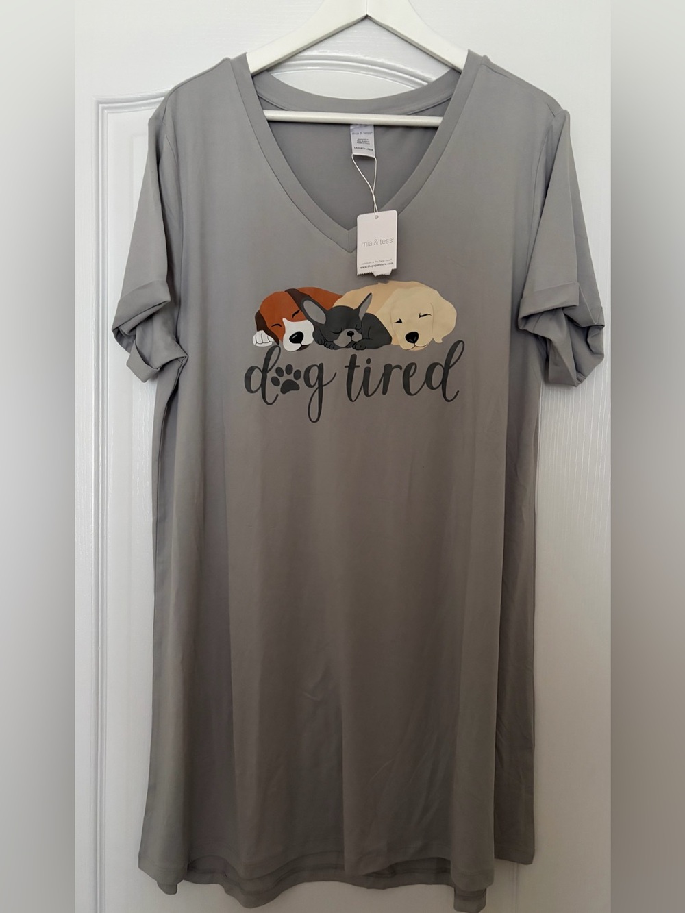 Ultra Soft Dog Tired Graphic V-Neck Nightgown- Gray